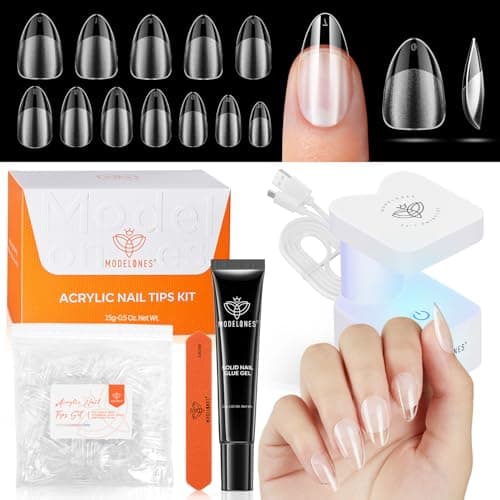 modelones X Nail Gel Kit Short Almond, Solid Nail Glue Gel with Mini UV Light 216Pcs 12Sizes Pre-Etched Press on Fake Acrylic Extension Kit DIY Salon Gift - Image 1