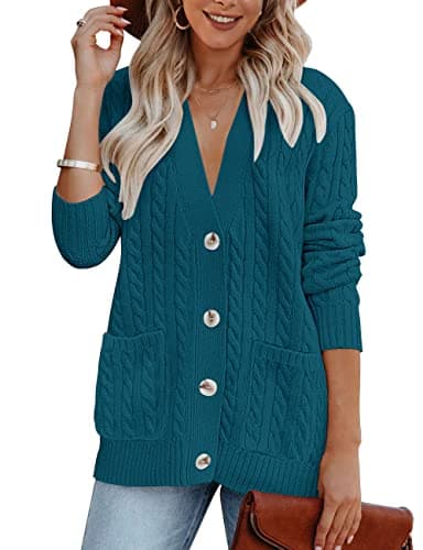 MEROKEETY Cardigan Sweater for Women 2026 Fall Winter Spring Cable Knit Button Up Open Front Long Sleeve Coat,Teal,XL - Image 1
