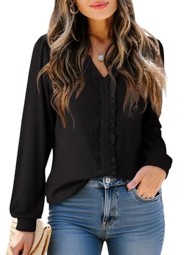 Dokotoo Women's Long Sleeve Tops Dressy Casual V Neck Ruffle Blouses for Work and Daily Wear Black Tops XXL - Image 1