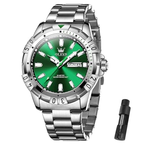 OLEVS Green Dial Mens Watches Analog Quartz Watch Men Day Date Sliver Stainless Steel Band Men Watches Mens Waterproof Watch Simple Relojes para Hombre - Image 1