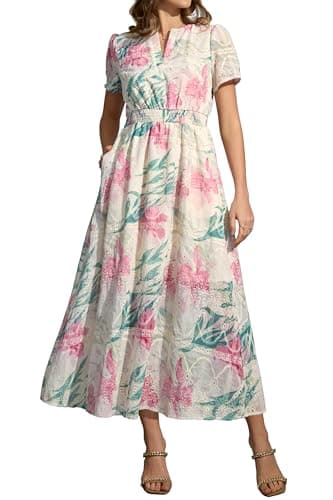 Women's Summer Casual 2026 V Neck Short Puff Sleeve High Empire Elastic Waist Cotton Aline Beige Cream and Pink Green Floral Textured Eyelet Embroidery Boho Vocation Cottagecore Dating Pockets Dress - Image 1