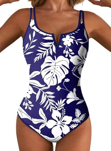 Aleumdr Women 2026 Trendy Tummy Control One Piece Swimsuits Boho Floral Print V Wired Bathing Suits Color Block Swimwear Blue Large - Image 1