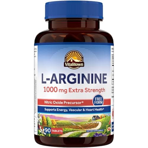 Vitalitown L-Arginine for Men & Women, 1000 mg, Nitric Oxide Booster Supplements, No Gluten, Non-GMO, Endurance, Workout, Blood Flow Support, 90 Tablets - Image 1