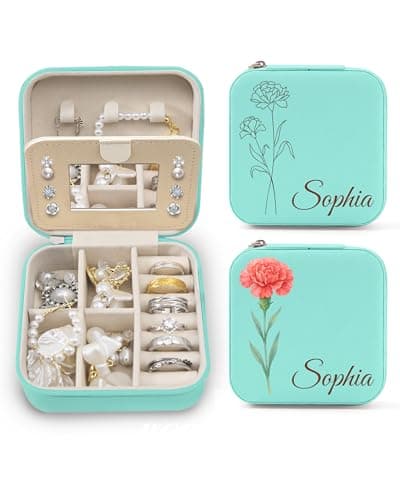 bccpnl Personalized Jewelry Travel Case(with mirror) with Your Name and Birth Flower,Personalized Gifts for Women - Festival gifts, Bridesmaids Gifts, Small Travel Jewelry Box Organizer (mint green) - Image 1