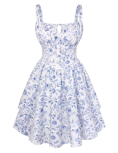 Scarlet Darkness Floral Mini Corset Dress for Women Teen 2026 Summer Spring Flowy A-Line Sundress with Pockets Blue Leaf Pattern XXL - Image 1