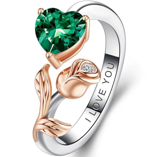 1CT Rose Heart Adjustable Ring 6.5~8 Emerald Ring Emerald VVS1 D Clarity 18K White/Rose Gold Gift for Wife Mother Daughter Birthday Wedding Engagement Christmas Anniversary Mothers Day Gift for Mom Bride - Image 1