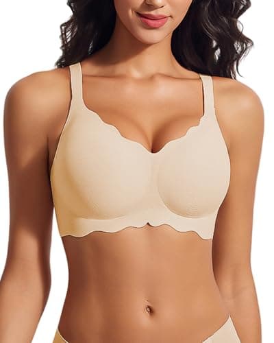 LIIJOO Wireless Seamless Scalloped Bra Full Coverage Push Up Lift No-Underwire Back-Smoothing U-Back Adjustable Straps Hook-and-Eye Breathable Stretch Fabric Removable Pads T-Shirt Style(Nude, S) - Image 1
