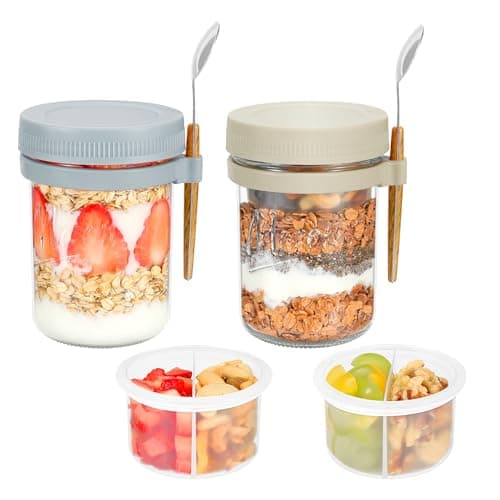 Xyptorix 2 Pack Overnight Oats Containers with Lids and Spoons, 16 oz Mason Jars with Removable Separate Compartments, Airtight and Leak-Proof Glass Jars for Chia Pudding, Yogurt, and Oatmeal - Image 1