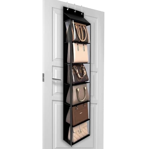Lirex Over The Door Purse Organizer & Purse Shelf for Closet – Handbag Storage Organizer with Purse Hanger. Perfect for Scarves, Hats, and Leggings. L (15.7'' x 5.7'' x 68''), Black - Image 1