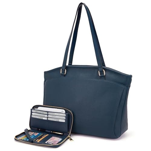 YZAOLL 15.6 Inch Laptop Tote Bag for Women,Water-resistant Vegan Leather with Anti-Scratch Padded Sleeve,Lightweight Multi-Pocket Work Bag for Business Travel,College,Office Essentials,SeaBlue - Image 1