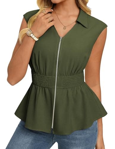 GRACE KARIN Womens Peplum Tops Business Casual,Short Sleeve Work Blouses Summer,Zipper V Neck Shirts Cinched Smocked Waist, Army Green, XX-Large - Image 1