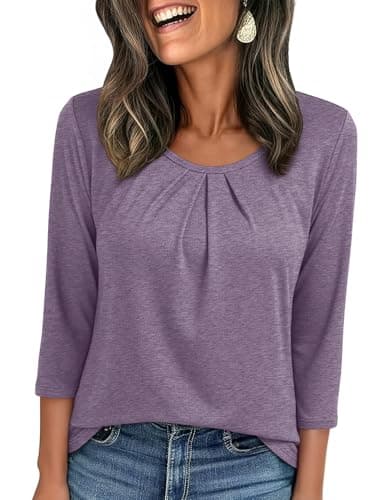 JUSTFASHIONNOW Womens 3/4 Length Sleeve Tops Crewneck Pleated T-Shirts Dressy Casual Tunic Basic Business Blouses(RoseTaupe Large) - Image 1