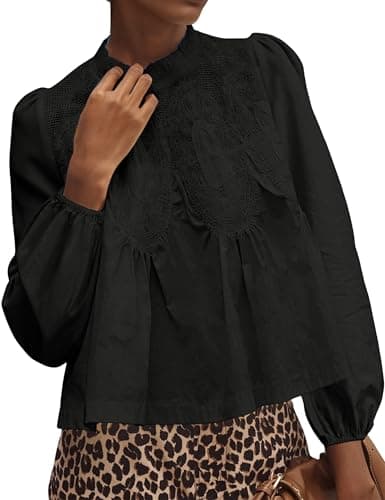 Lentta Women's Lace Patchwork Blouse Long Sleeve Crew Neck Flared Babydoll Tops Mesh Swing Elegant Loose Shirts(Black-M) - Image 1
