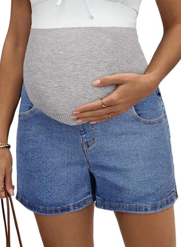 BLENCOT Womens Maternity Jeans Shorts Over The Belly Stretchy Comfy Denim Pants Casual Workout Pregnancy Shorts Beau Blue XL - Image 1