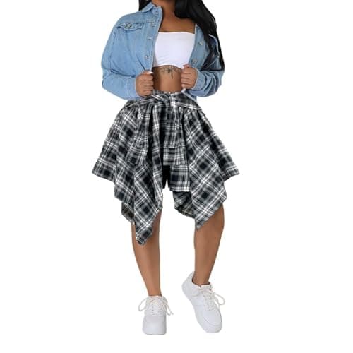 Summer Knot Skirts for Women Plaid Asymmetrical Hem High Waist Y2K Mini Short Skirt Black White M - Image 1