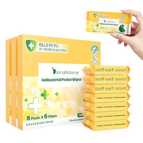 Dorahoney Travel Antibacterial Hand Wipes, 99% Water Hand Sanitizer Wipes, Safe for Sensitive Skin & Hypoallergenic Hand Sanitizing Pocket Wipes, 144 Count (24 Packs of 6) - Image 1