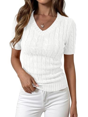 PRETTYGARDEN Womens Summer Short Sleeve Sweater Cable Knit V Neck Sweaters Shirts Fitted Work Tops Business Casual Outfits(White,XX-Large) - Image 1