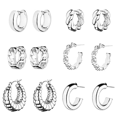 Wgoud Chunky Hoop Earrings Set Silver Hoop Earrings for Women Hypoallergenic, Thick Hoops Earring set, Twist Huggie Hoop Earring (6 Silver Chunky Hoops) - Image 1