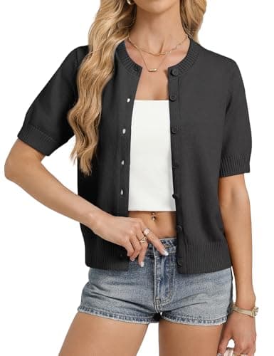 GRACE KARIN Women's Summer Short Sleeve Cardigan Sweaters Lightweight Black Crew Neck Button Up Cropped Knit Sweater - Image 1