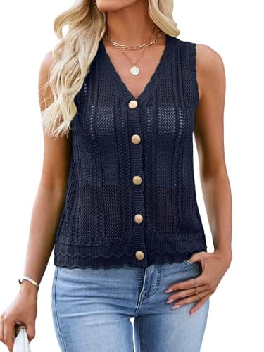Bellcoco Womens Crochet V Neck Sweater Vest Hollow Out Summer Sleeveless Tops Knit Spring Cardigans Button Down Tank Top Navy M - Image 1