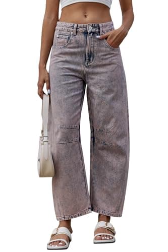 GREAIDEA Mid Rise Barrel Jeans for Women Wide Leg Mid Waist Cropped Cotton Pants Y2k Baggy Boyfriend Jeans with Pockets Light Pink - Image 1
