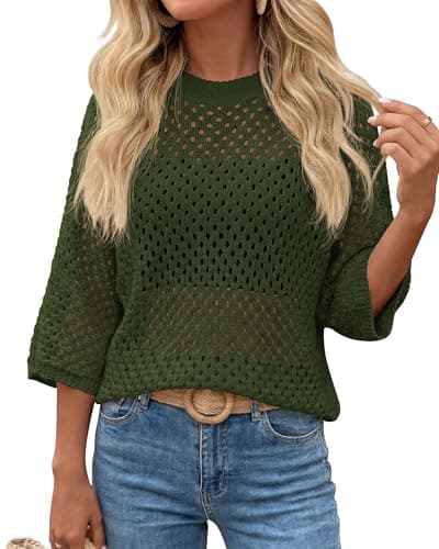 KIRUNDO Crochet Tops for Women Spring Summer Short Sleeve Hollow Out Loose Beach Sweater Lightweight Knit Cover Up Shirts Army Green - Image 1