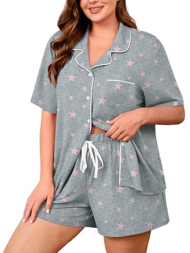 AusLook Plus Size Printed Pajama Set for Women Short Sleeve Button Down Sleepwear 2 Piece Loungewear with Pockets Notch Collar Drawstring Pajama Shorts Soft Comfy PJ 5X Set - Image 1