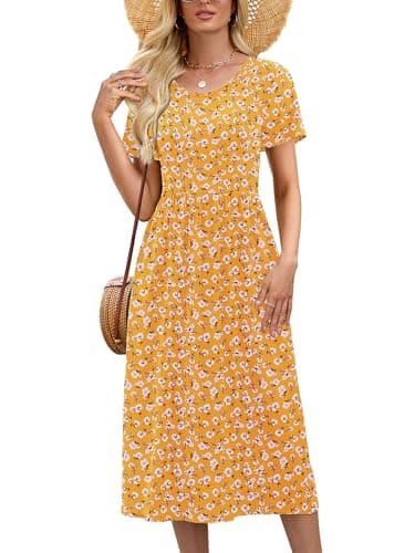 DEARCASE Ladies Summer Dresses Yellow Cockscomb Flower Large Short Sleeve A Line Casual Sundress Casual Wedding Guest Flowy Swing Cocktail Party Holiday Spring Empire Waist Midi Dress with Pockets - Image 1