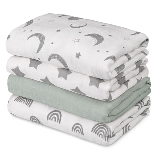 GLLQUEN BABY Muslin Swaddle Blankets 4-Pack Breathable Receiving Blankets (35" x 40") Soft Baby Blankets for Girls and Boys Newborn Essentials Muslin Burp Cloths Swaddle Wrap Baby Gift (Star) - Image 1