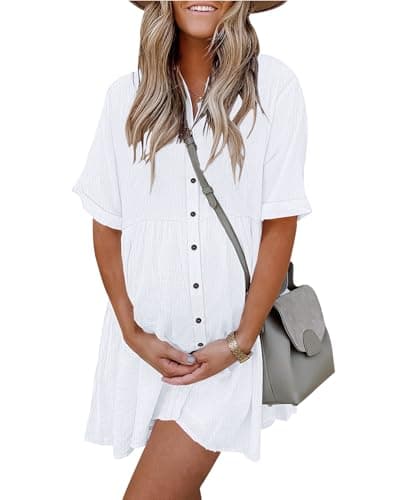 AUSELILY Women's Summer Babydoll Dress Casual Short Sleeve Sundress Button Down Dresses with Pockets White Large - Image 1