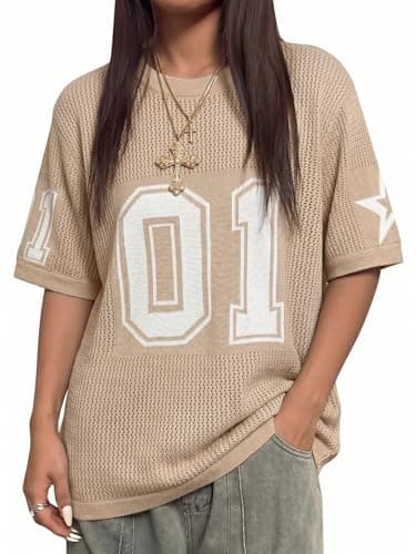 Jersey Shirts for Women Casual Number Graphic Tees Crochet Hollow Out T Shirt Y2k Short Sleeve Knit Tops Apricot - Image 1
