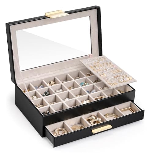 Lolalet Earring Storage Box Case with Glass Top, Large Earring Jewelry Holder Organizer Display with Drawer and Grid, Gift for Girls Women -2 Tiers, Black - Image 1
