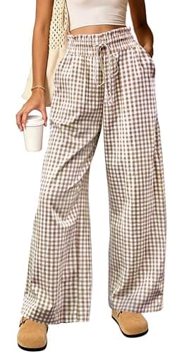 Dookttker Cotton Gingham Striped Pants Women High Waisted Ruffle Wide Leg Lounge Pajama Trousers with Pockets - Image 1