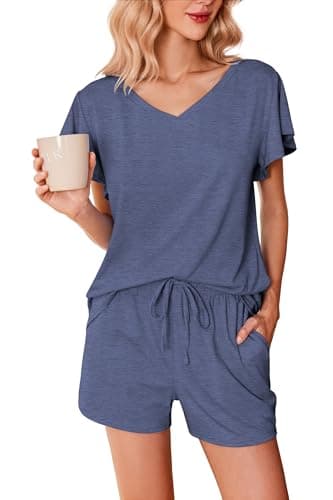 Ekouaer Womens Lounge Sets Comfy 2 Piece Sleepwear V Neck Cute Pajamas Shorts Set for Summer Pjs Navy Blue Small - Image 1