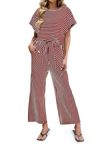 Tankaneo Womens Striped 2 Piece Sets Short Sleeve T Shirts Wide Leg Pants Matching Lounge Set with Pockets