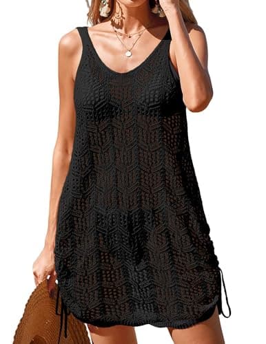 BreathSunny Womens Crochet Knit Swimsuit Coverup Summer 2026 Trendy Outfits Backless V Neck Double Drawstring Sheer Mesh Swimwear Coverups Beach Swim Bathing Suit Cover Up Mini Dress Black S - Image 1