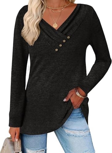 ALPSWARE Tunic Shirt Long Sleeve Basic Top V Neck Tunics Tshirt for Women 2025 Fall Black M - Image 1