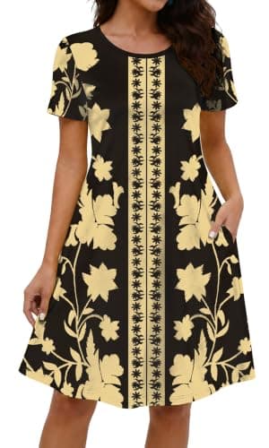 COSSEN Women's Summer 2026 Casual Tshirt Dress Black Boho Printed XX-Large Crew Neck Short Sleeve with Pockets Flowy Loose Swing A-Line Sundress - Image 1