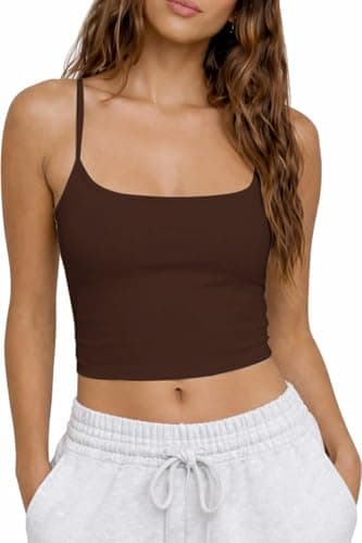 CHYRII Womens Double Lined Square Neck Tank Tops Built in Bra Cropped Summer Y2K Workout Basic Camisole Top (Coffee L) - Image 1