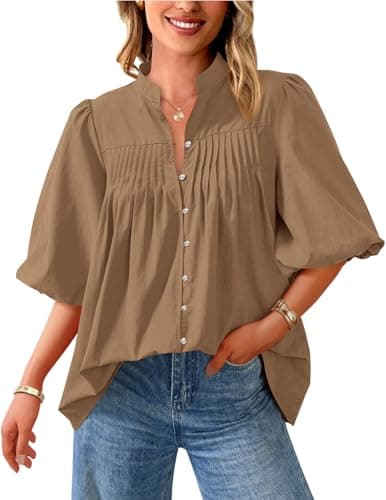 PRETTYGARDEN Women's 2026 Summer Short Lantern Sleeve Tops Loose Fit Button Down Shirt Pleated V Neck Blouses Trendy Clothes (Light Khaki,Small)