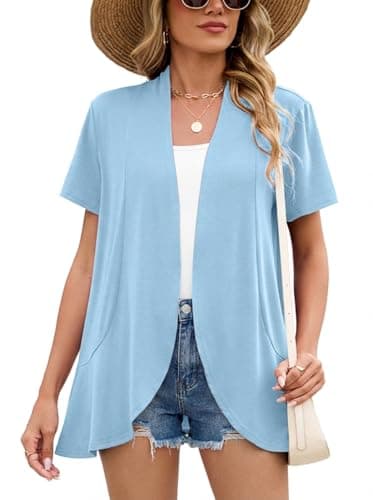 DEARCASE Women's Short Sleeve Shrugs Light Blue X-Large V-Neck Lightweight Soft Open Front Cropped Cardigan Summer Sheer Shawl Spring Fall Bolero Draped SpringCardigans Casual Duster Cover up - Image 1