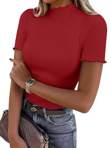 ANRABESS Women's Mock Neck Tops, Short Sleeve Fitted Tee, Soft Comfy Ribbed Tshirts, Summer Going Out Outfits for Daily& Work Red Large - Image 1