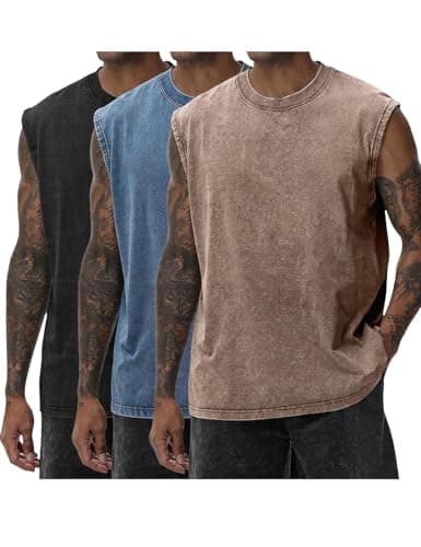 PAODIKUAI Sleeveless Shirts for Men - Sleeveless Crew Neck Casual Gym Washed T Shirt Breathable Loose Fit(Black+Coffee+Blue,2XL) - Image 1
