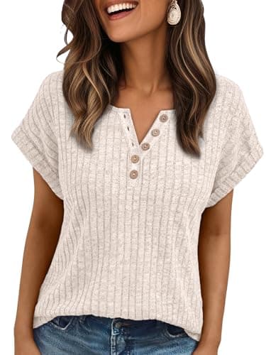 AUTOMET Women Tops Summer Sweaters Short Sleeve V Neck Henley Shirts 2025 Spring Business Casual Fashion Dressy Button Blouses Beach Vacation Clothes Outfits Apricot S - Image 1