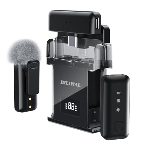 BILIWAL Wireless Lavalier Microphone for iPhone/Android/Laptop with Magnetic Wind Muff/Patch/Clip, Mini Mic with Noise Reduction, 35 H Battery Life via Charging Case, Lightning/USB-C/USB A Plug&Play - Image 1