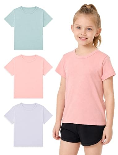 Wenlia Girls Athletic Shirts Short Sleeve Sports Tee Multi-Pack Summer Soft Activewear Tops, Light Cyan/Pink/Purple, 5-6 Years, 120 - Image 1