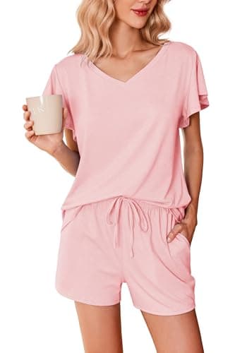 Ekouaer Pink Pajamas for Women Soft V Neck Lounge Sets Ruffle Short Sleeve Cute Pjs Sleepwear with Pockets Light Pink Large - Image 1