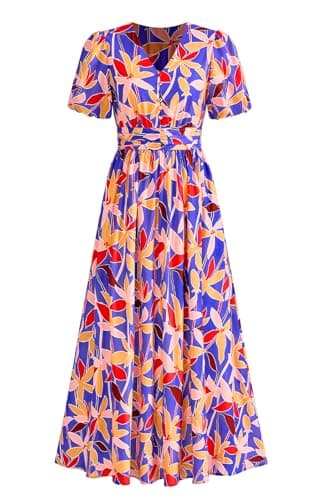 PRETTYGARDEN Womes Boho Maxi Dresses 2026 Summer Spring V Neck Puff Sleeve Empire Waist A Line Flowy Long Beach Floral Dress (Blue Multicolored Leaves,S) - Image 1