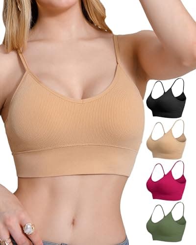 QDN Women's 4 Pack Seamless Bralette with Removable Padded Cups – Soft Wireless Support for Yoga, Lounge & Daily Wear (US, Alpha, Large, Regular, Regular, 4, Black/Nude/Red/Green) - Image 1