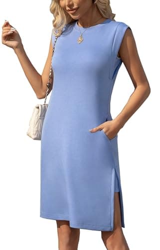 BEXIBOOM 2026 Summer Women's Casual Sleeveless Round Neck Midi Dress Loose Fit Split Wrinkle-Free Dress with Pockets Denim Blue-L - Image 1